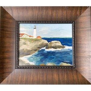 Framed Original Oil Painting Portland Head Lighthouse Seascape Signed 13x15"